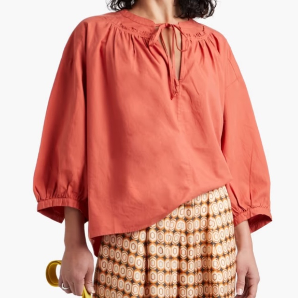 JOIE Tie Neck Cotton Peasant Blouse In Warm Spice